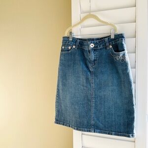 Classic Blue Denim Mini Skirt with Rhinestone Pocket Detail